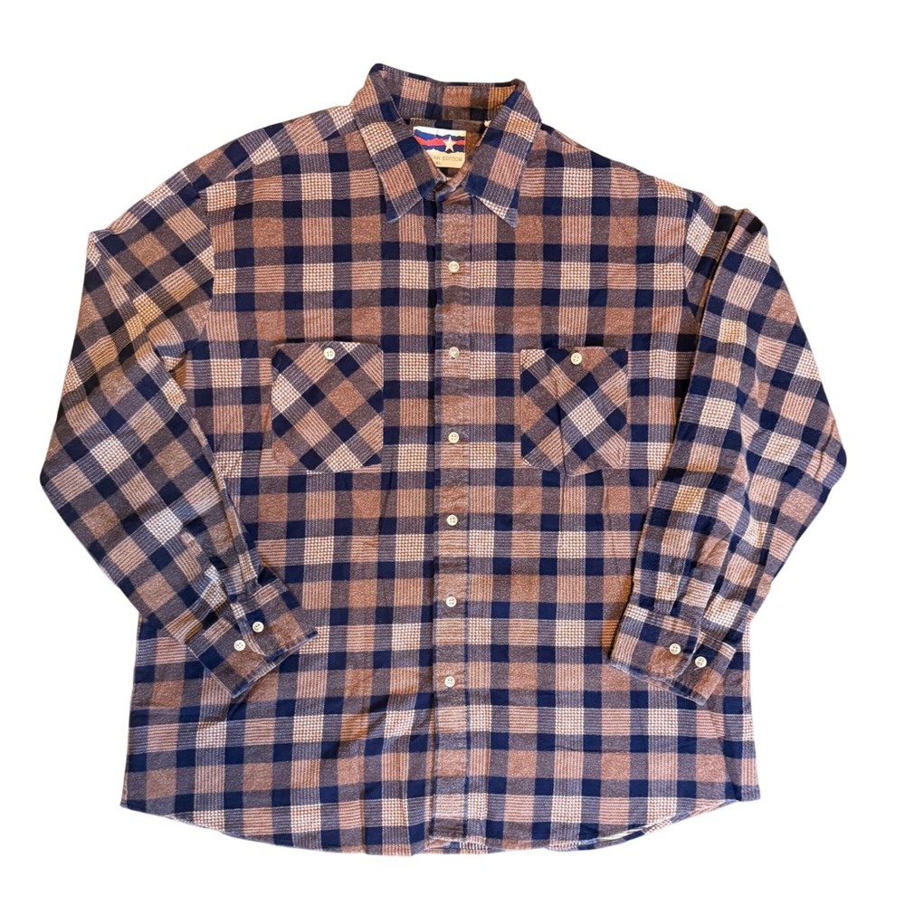 American Edition Plaid Flannel Shirt Mens XL Brown Blue Made in USA Cotton